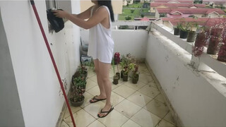 4. No bra Beautiful girl Cleaning terrace