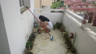 2. No bra Beautiful girl Cleaning terrace