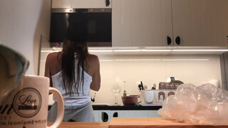 5. Braless without panties Sylvia in the Kitchen doing the Dishes Part 2