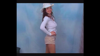 4. ttl model usa model Christina Model   White Long Sleeve T Shirt & Tan Short Shorts + CowGirl Hat & B