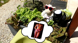 2. IN AN APRON ALONE IN HER GARDEN SOCOLA CLEANING HER BATH IN A BIKINI