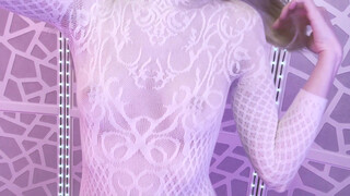10. Lingerie Haul Try-On – Sheer white bodysleeve dress with swirl designs