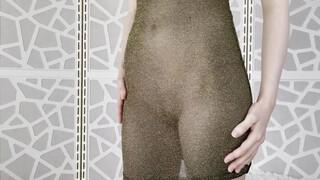4. Lingerie Haul Try-On – Black and sparkly gold sheer tight bodystocking dress