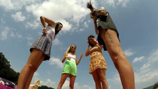 Girls dance and play Twister in the Wild Outdoors in Short Miniskirt Skirts with and Without Panties