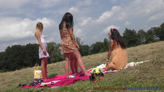 6. Girls having fun and playing games outdoors in miniskirt and sun dress on no panties challenge day