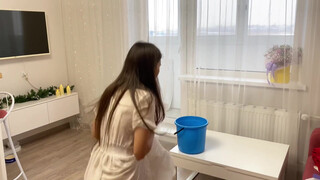 5. Girl Cleaning motivation mop the floor in dress | Transparent See though Vacuuming | routine