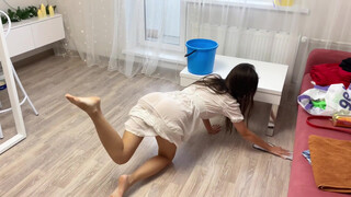 7. Girl Cleaning motivation mop the floor in dress | Transparent See though Vacuuming | routine