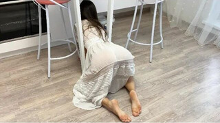 Girl Cleaning motivation mop the floor in dress | Transparent See though Vacuuming | routine