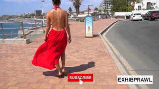 6. Flashing ???????????? in Red Flary Dress in Wind – Sheer Dress in public