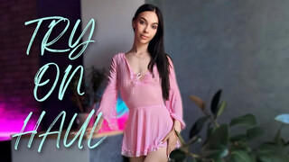 [4k] Try ON Haul | Transparent short pink dress with long sheer sleeves