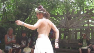 Topless Woodland Queen in Black versus Topless Devil Fairy in White Dance at Hippy Drum Circle-oc1