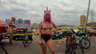 2. Unicorn tits. Topless unicorn in the street, naked public cosplay, world naked bike ride.