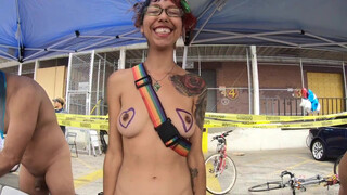 4. Triangle Heart Boobs. Body paint tent with nude artist who shows off her small tits and big bush.