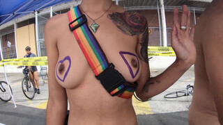 3. Triangle Heart Boobs. Body paint tent with nude artist who shows off her small tits and big bush.