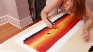 8. watercolour sunset with cranes