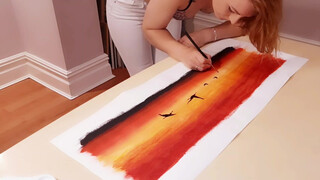9. watercolour sunset with cranes