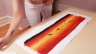 10. watercolour sunset with cranes