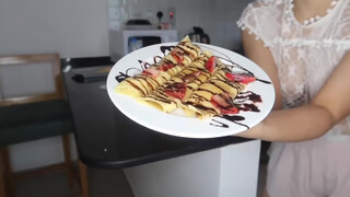 1. How to make crepes  with strawberry and choco syrup simple and easy by Kaye Torres