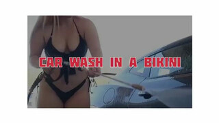Car wash in a black bikini with white chik